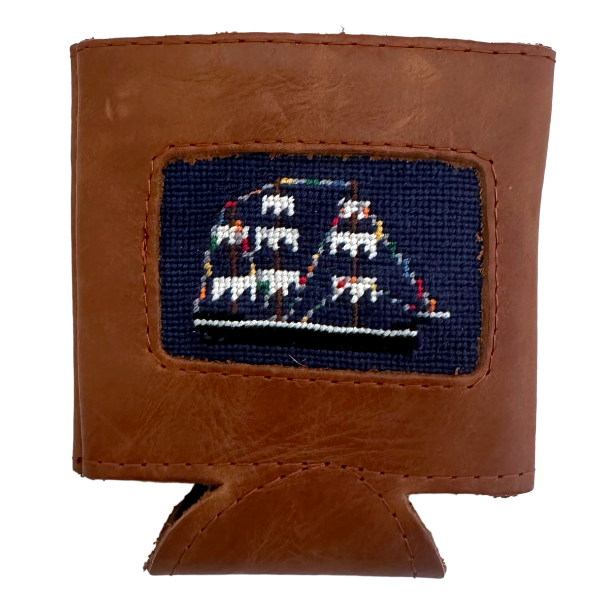 Front view of Smathers & Branson Jose Gasparilla Needlepoint Can Cooler exclusive to Salt Pines featuring hand-stitched pirate ship design.