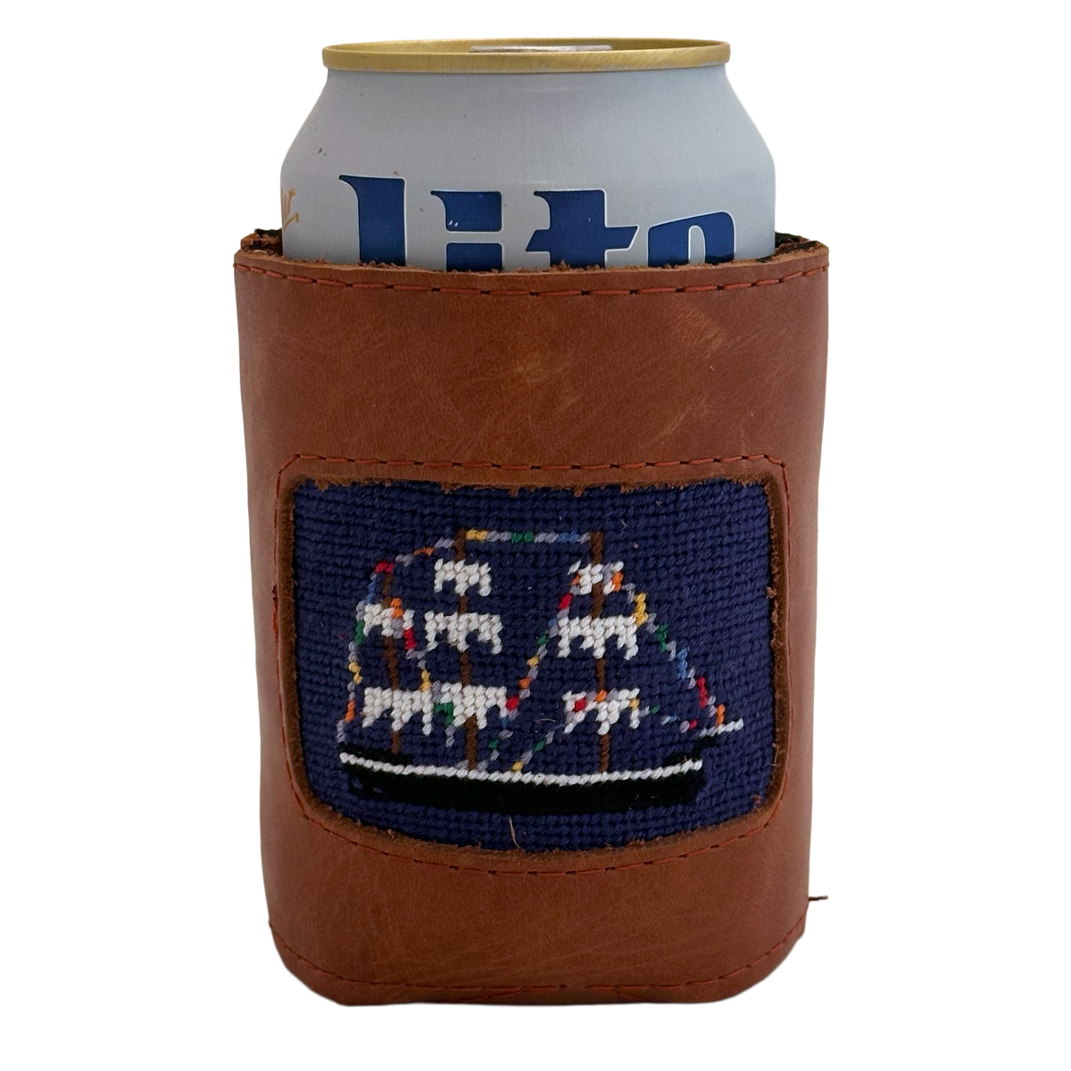 Front view of Smathers & Branson Jose Gasparilla Needlepoint Can Cooler exclusive to Salt Pines featuring hand-stitched pirate ship design.