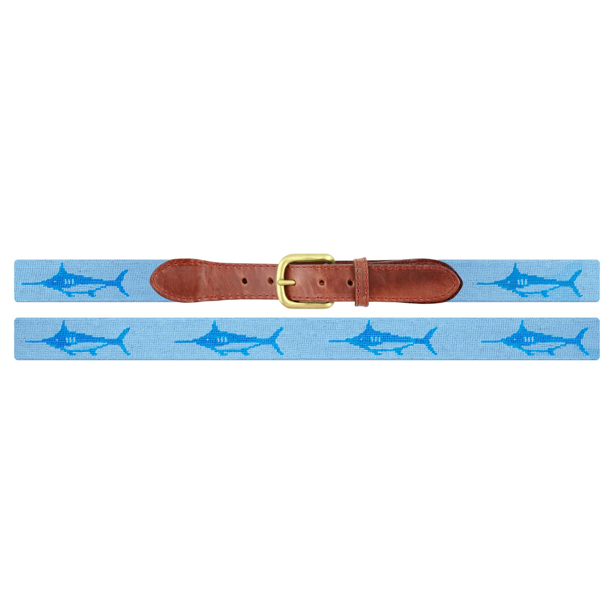 Smathers and Branson sky blue needlepoint belt with marlin pattern and brown leather strap on a white background